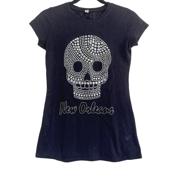 Miss Posh Tops - Miss Posh Womens Studded Black/Silver New Orleans Skull  T-Shirt Top Size M